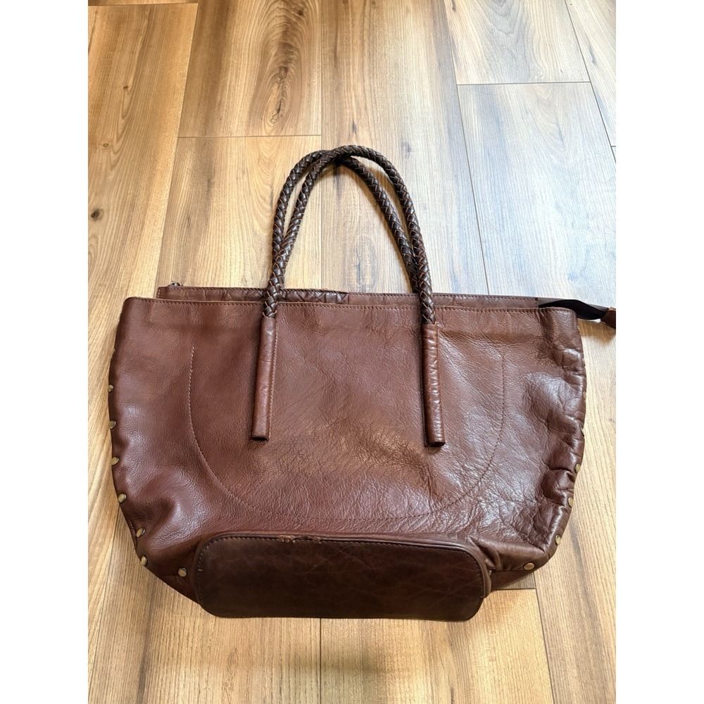 Noonday Collection Rustic Leather Tote Shoulder Bag Cognac Studded Leather Large